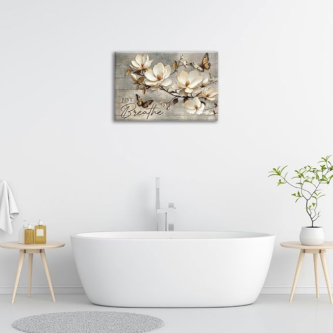 Floral Magnolia Bathroom Pictures Wall Art, Just Breathe Bathroom Wall Decor, Flower Butterfly Framed Painting Canvas Artwork for Bedroom Living Room Decorations 24"L x 16"W-PawvioPets