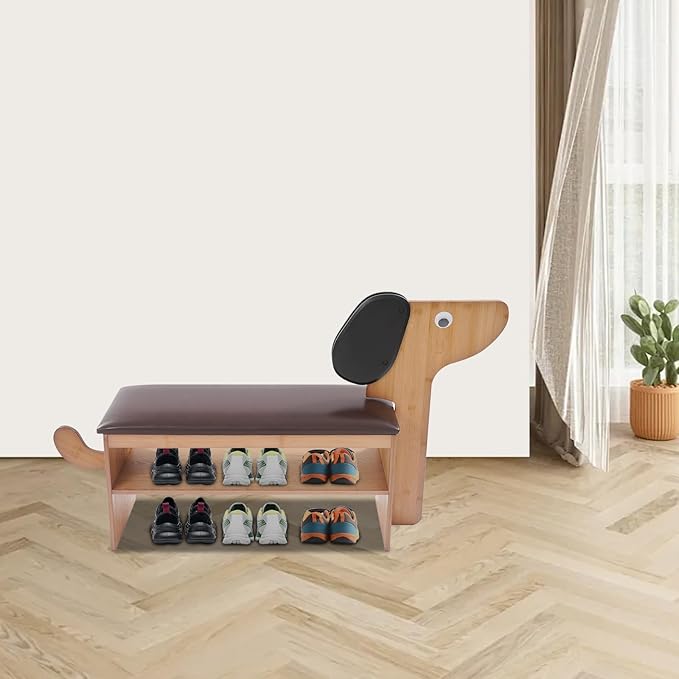 Cute Dog Shoe Bench with Cushion, 51.6”L x 11.8”W Puppy Shoe Storage Bench Dark Brown 2-Tire Bamboo Shoes Rack Bench for Entryway Living Room Hallway Bedroom 220Lbs Load Capacity-PawvioPets
