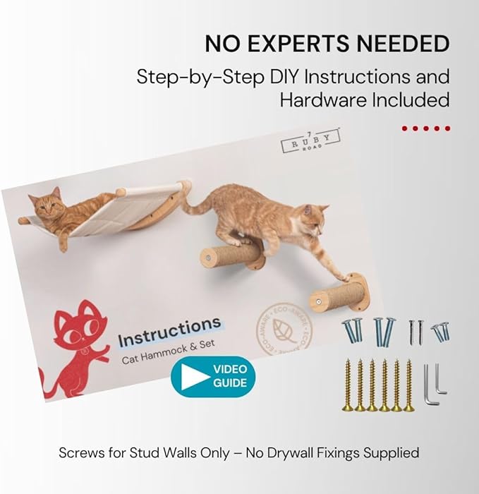 7 Ruby Road Cat Hammock Wall Mounted Shelf with Two Steps Set - Wall Shelves and Perches for Sleeping, Playing, Climbing and Lounging - Modern Cat Bed & Furniture for Indoor and Large Cats or Kitty-PawvioPets