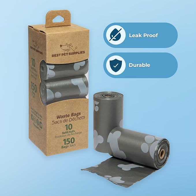 Best Pet Supplies Dog Poop Bags (150 Bags) for Waste Refuse Cleanup, Doggy Roll Replacements for Outdoor Puppy Walking and Travel, Leak Proof and Tear Resistant, Thick Plastic - Gray-PawvioPets