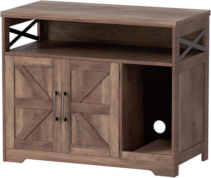 Cat Litter Box Enclosure, Hidden Litter Box Furniture with Scratch Pad, Farmhouse Indoor Cat House Washroom End Table, Retro Brown-PawvioPets