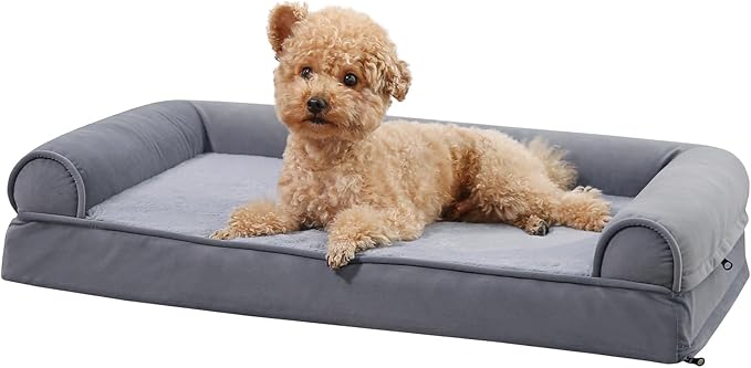 Amazon Basics Living Room Couch Dog Bed with Premium Foam, Pressure-Relief Support for Dogs up to 30lbs, Machine Washable Cover, Medium Sized (30" x 20"), Grey-PawvioPets