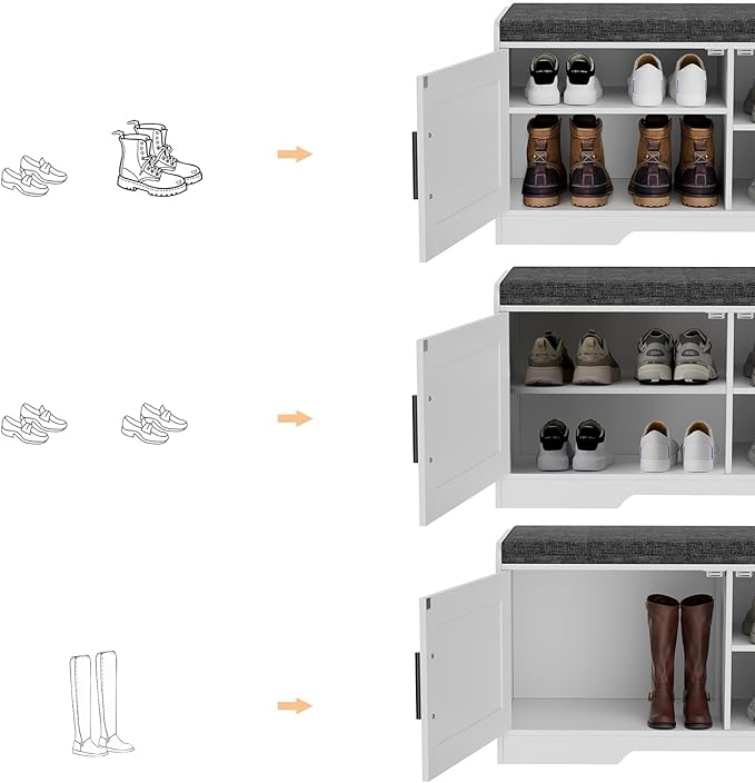 2-Tier Storage Bench, Shoe Bench with Thickened Padded Seat Cushion, Entryway Bench with 2 Doors, Adjustable Shelf, 13.8" D x 37.4" W x 18.5" H, for Entryway, Living Room, Bedroom, White-PawvioPets