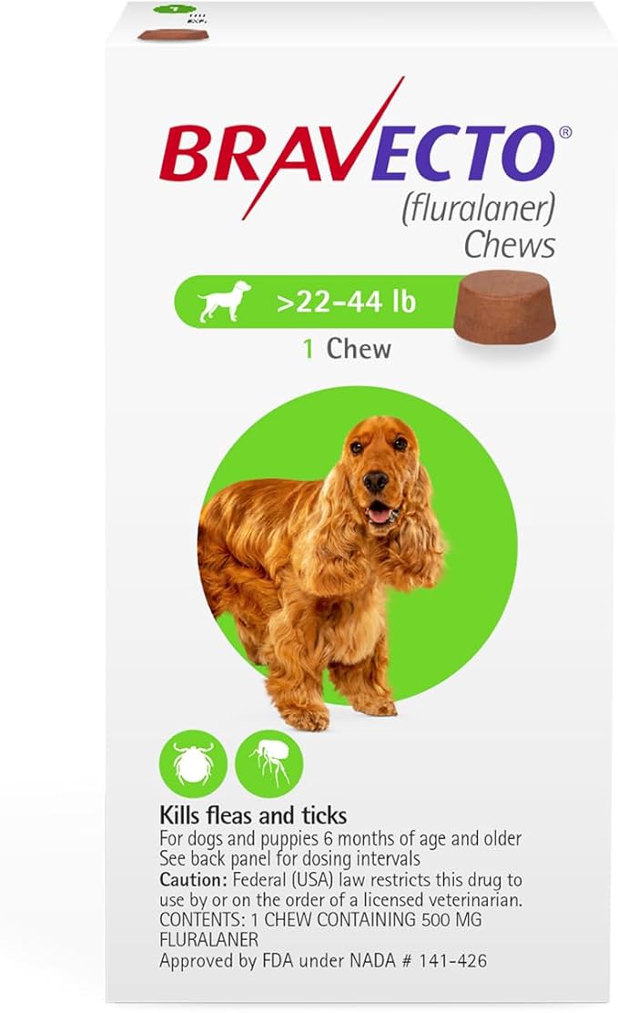 BRAVECTO Chew for Dogs, Flea & Tick, 1 Chew, 12 Week Supply, 22-44 lbs., Green Box-PawvioPets