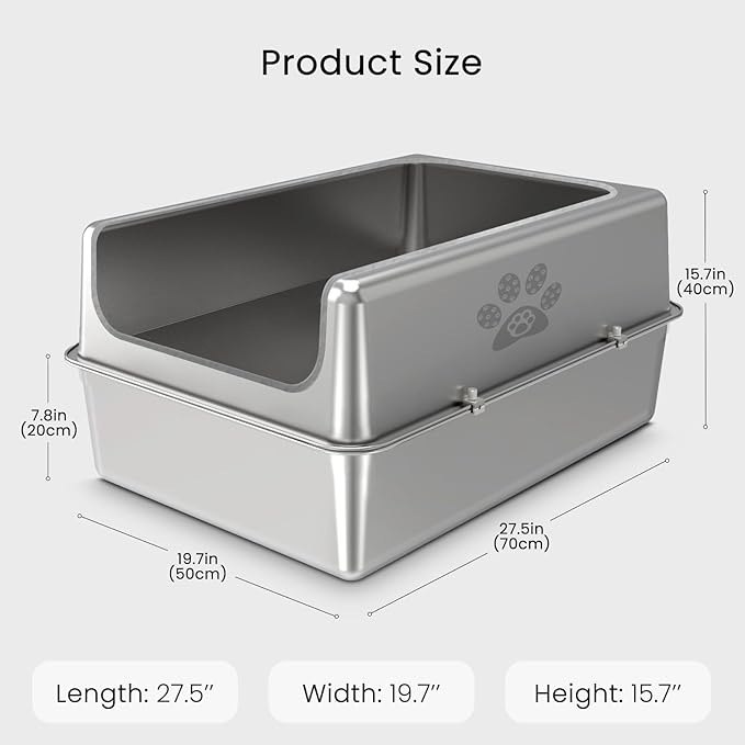 Enclosed Stainless Steel Cat Litter Box with Lid, Oversize Metal Litter Box for Multi Cats, XXXL Supersize Cat Toilet with High Side, Non-Stick, Anti-Leakage, Odorless, with Litter Mat & Litter Scoop-PawvioPets