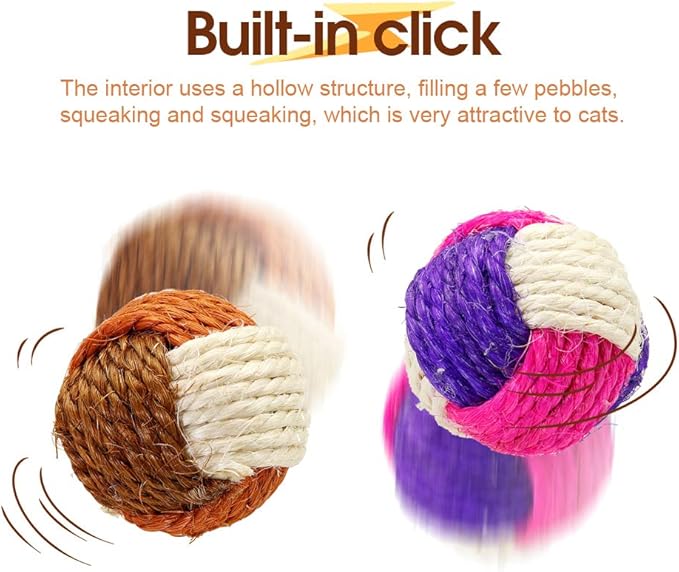 3Pcs Cat Toy Sisal Ball Pet Scratching Ball Chew Eco-Friendly Toy Pets Interactive Toy Bite and Wear Resistant(Random Color)-PawvioPets