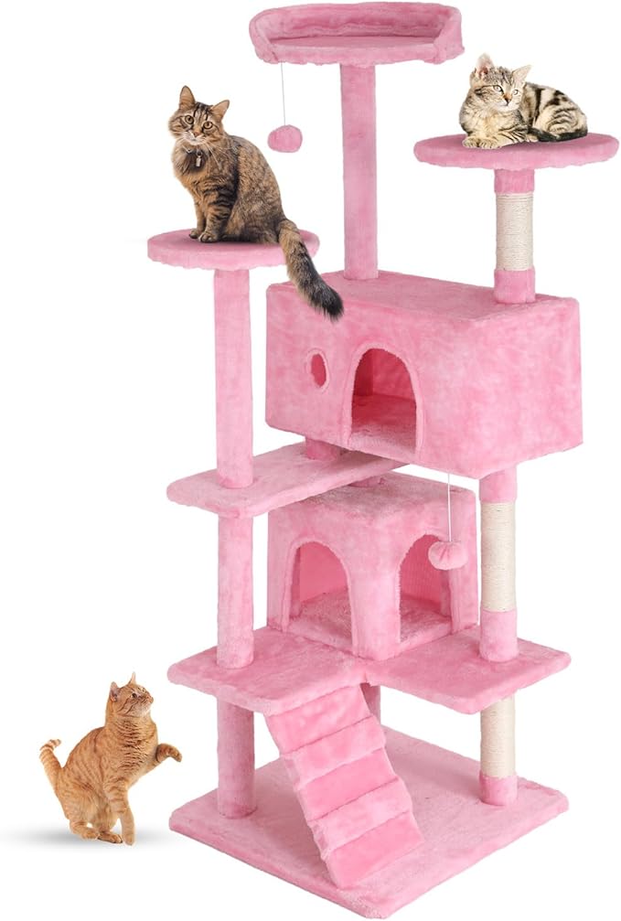 FDW Cat Tree 54in Cat Tower Multi-Level Durable Cat Scratching Post & Cozy Fun Cat Jumping Platform Space Saving Cat Condo Pet Play House for Indoor Cats,Pink-PawvioPets