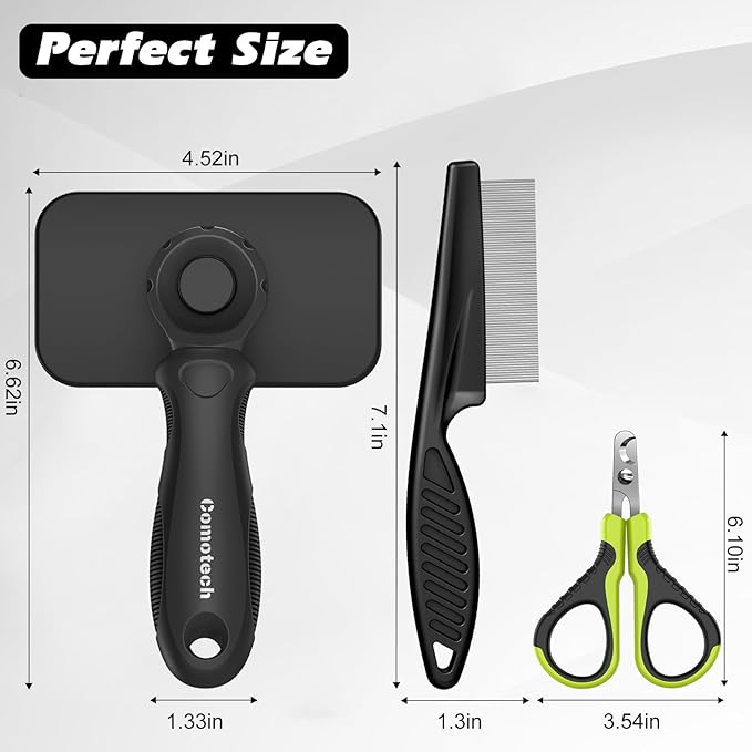 Comotech 3PCS Cat Grooming Supplies,Cat Brush & Nail Clipper/Trimmer & Flea Comb for Shedding Indoor Cats Dogs and Small Animals - Meet All Your Pet's Daily Grooming Needs - All in One Set (Black)-PawvioPets