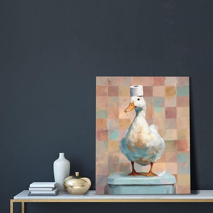 Funny Duck Bathroom Wall Art Cute Duck on Toilet Canvas Wall Decor Funny Quirky Farm Animal Pictures Painting Print Framed Artwork Decorations Gifts for Bathroom 16"x20"-PawvioPets