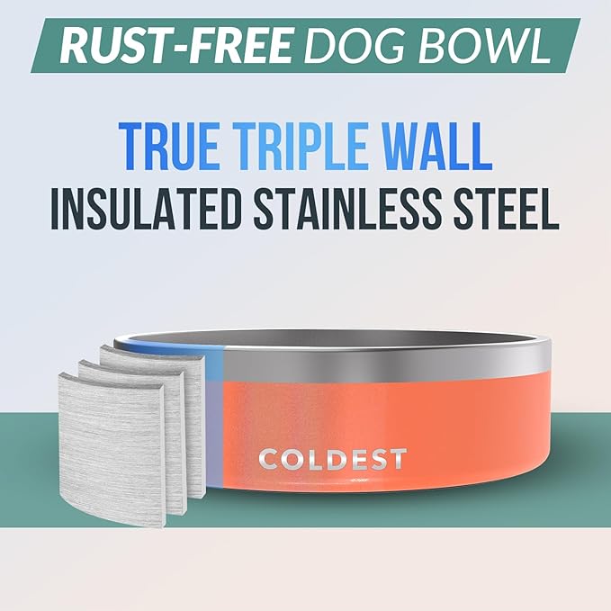 Coldest Dog Bowl - Anti Rust Metal, Non Slip, 3 Layers Insulated Stainless Steel Dog Bowls - Spill Proof & Heavy Duty - Water Bowl for Dogs, Cats & Pets, Dish Washer Safe (42 oz,Candy Red Glitter)-PawvioPets