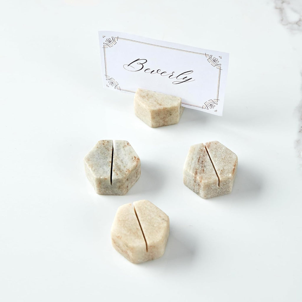 Marble Hexagon Place Card Holders, Unique Design Handmade Photo Display, Set of 4 Uniquely Textured Card Stands, Perfect for Table Decoration, Dinner Party and Wedding