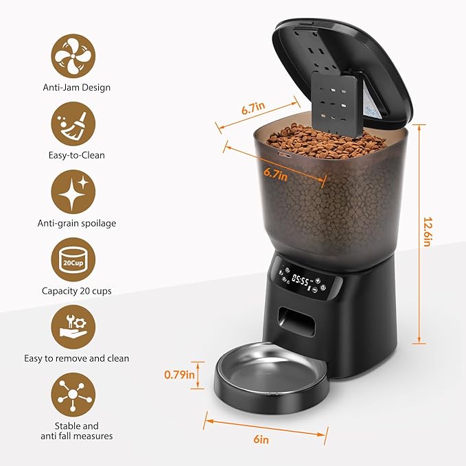 Automatic Cat Feeder, Cat Food Dispenser with Stainless Steel Bowl, Timed Portion Control 20 Portions 6 Meals Per Day, Voice Recorder, Dual Power Supply for Small Dogs (Black)-PawvioPets