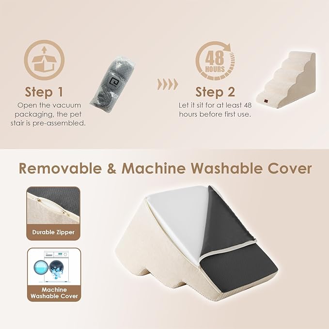 EHEYCIGA Curved Dog Stairs Ramp for High Beds 22.6" H, 5-Step Dog Steps for Small Dogs and Cats, Pet Stairs for High Bed Climbing, Non-Slip Balanced Pet Step Indoor, Beige-PawvioPets