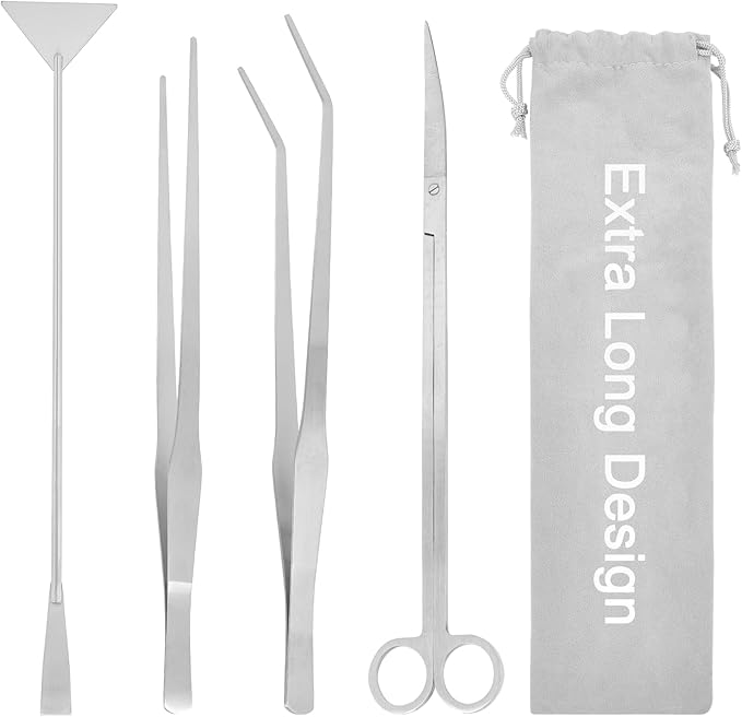 15Inch Extra Long Design Aquarium Aquascaping Tool Stainless Steel Aquascape Tools Kit 4 in 1 Anti-Rust Fish Tank Starter Kit with Long Tweezers Scissors Spatula for Aquarium Plants (Silver)-PawvioPets