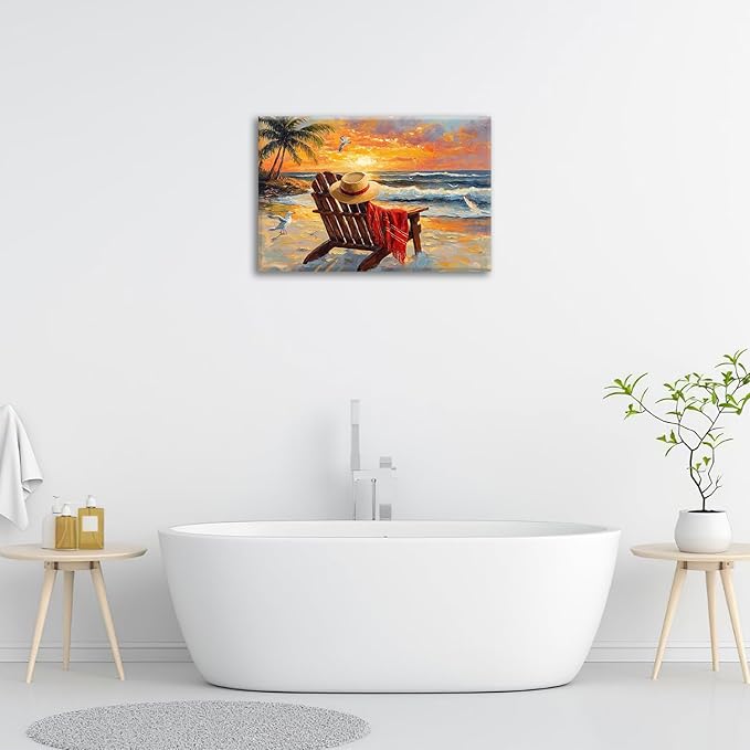 Beach Coastal Bathroom Pictures Wall Art, Seaside Ocean Bathroom Wall Decor, Sunrise Palm Framed Painting Canvas Artwork for Bedroom Living Room Decorations 24"L x 16"W-PawvioPets