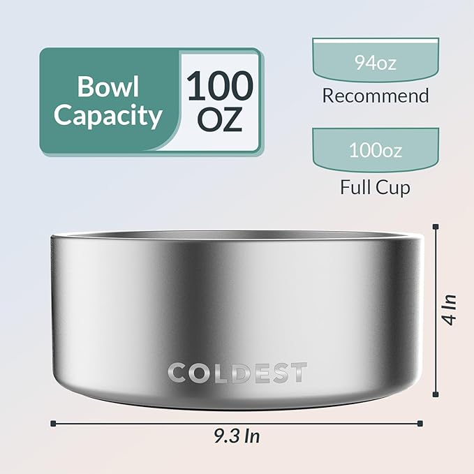 Coldest Dog Bowl - Anti Rust Metal, Non Slip, 3 Layers Insulated Stainless Steel Dog Bowls - Spill Proof & Heavy Duty - Water Bowl for Dogs, Cats, Dish Washer Safe (100 oz,Polished Stainless Steel)-PawvioPets