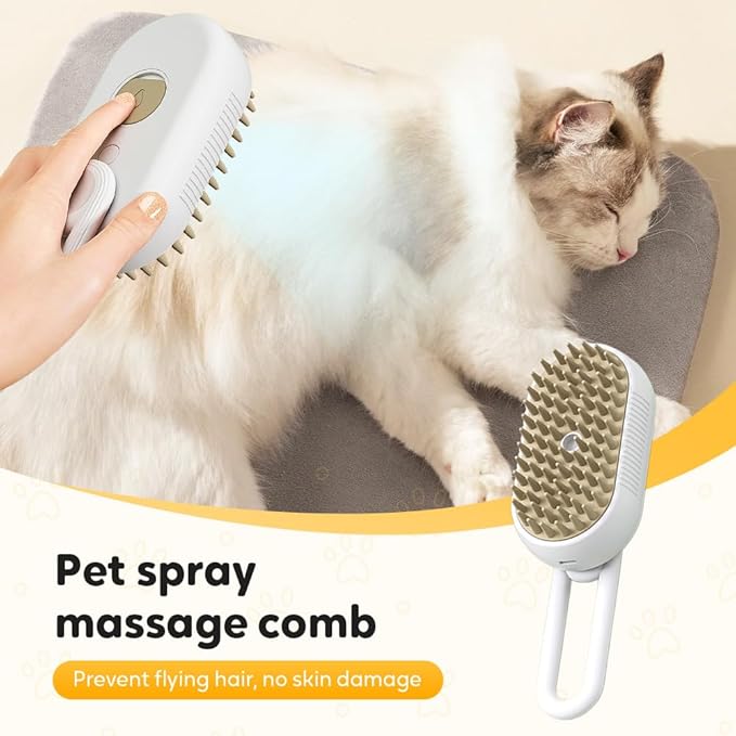 3-In-1 Rechargeable Steamy Cat Brush, Deep Cleaning & Hair Removal System with Rotating Handle, 360° Massage for Cats & Dogs (White)-PawvioPets