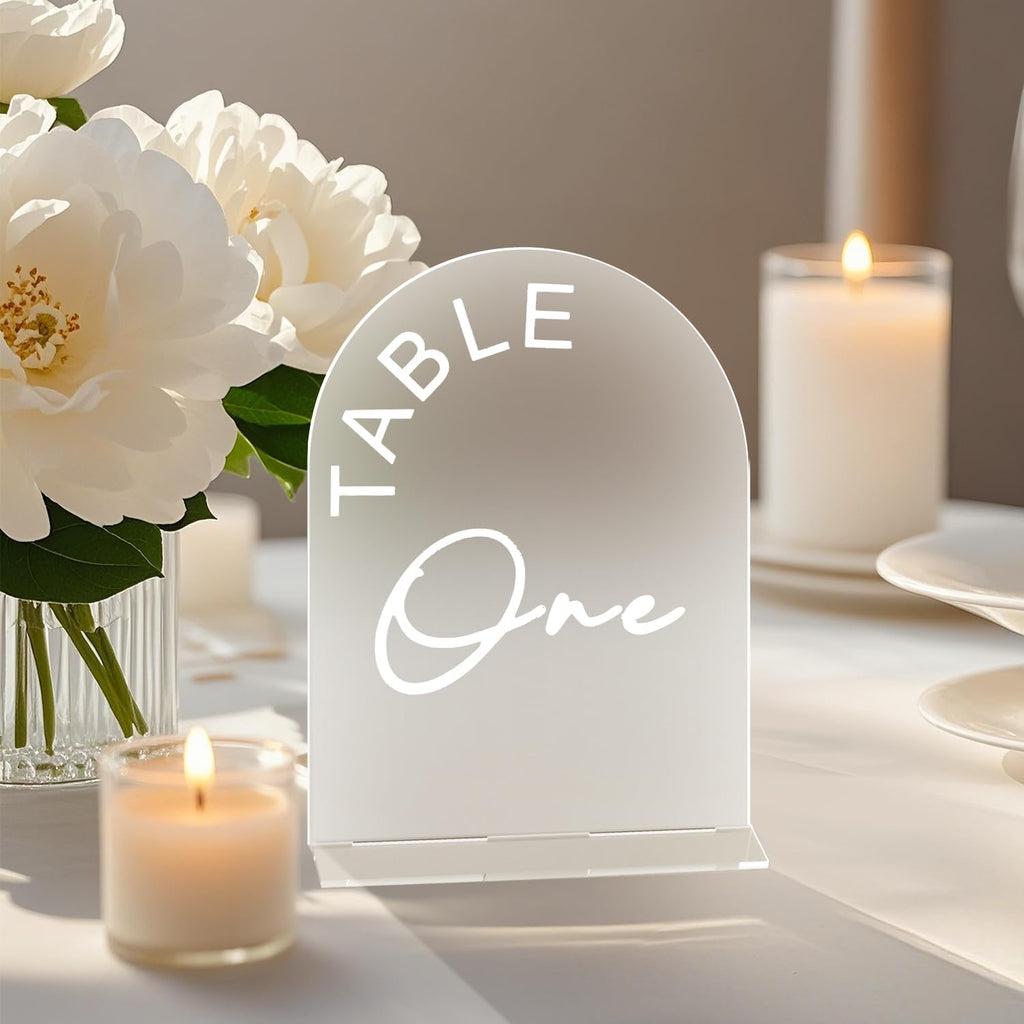 Frosted Arch Wedding Table Numbers 1-20 with Stands, 5x7 Inch Acrylic Arch Sign with Holder for Wedding Reception Table Centerpiece Decoration