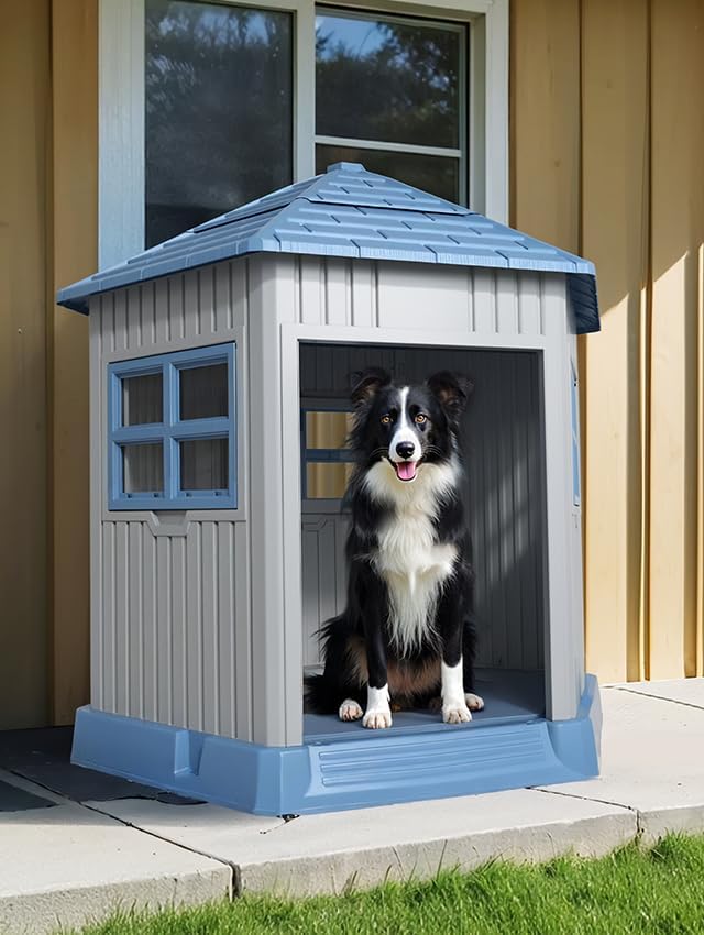 DRATO Dog House Indoor Outdoor Durable Large Dog Shelter with Outside Dog Kennel with Window and Elevated Floor for Small Medium Dogs (Blue, by)-PawvioPets