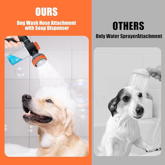 Dog Washing Hose Attachment for Pet Bathing with Black Shower Diverter, Pup Dog Wash Hose Nozzle Shampoo Sprayer for Indoor Outdoor Pet Shower, Dog Shower Attachment with Dog Brush-PawvioPets