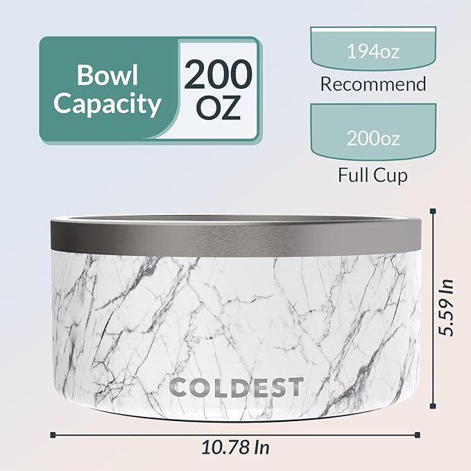 Coldest Dog Bowl - Anti Rust Metal, Non Slip, 3 Layers Insulated Stainless Steel Dog Bowls - Spill Proof & Heavy Duty - Water Bowl for Dogs, Cats & Pets, Dish Washer Safe (200 oz, Carrara Marble)-PawvioPets