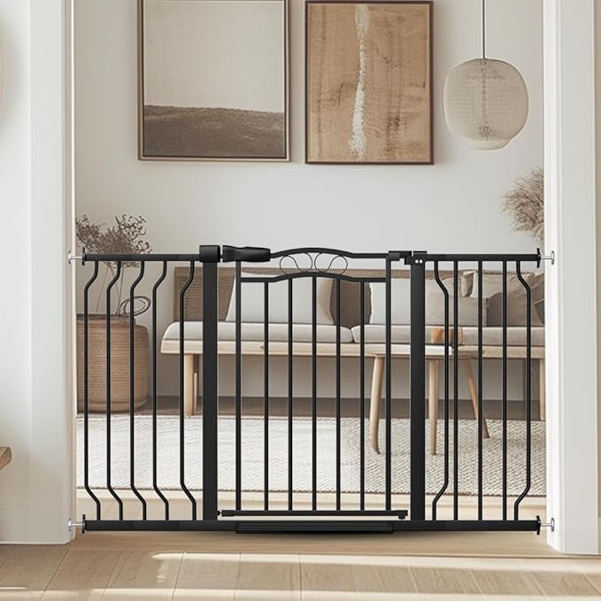 Baby Gate for Stairs 29.53"-53.1" Extra Wide, Pressure Mounted Dog Gate Indoor, Walk Thru Pet Gate for Cat Dog Child,Pet Gates for The House Doorway Black-PawvioPets