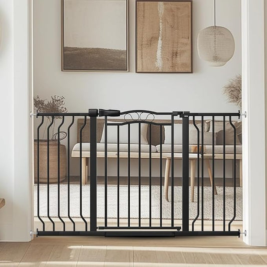 Baby Gate for Stairs 29.53"-53.1" Extra Wide, Pressure Mounted Dog Gate Indoor, Walk Thru Pet Gate for Cat Dog Child,Pet Gates for The House Doorway Black-PawvioPets
