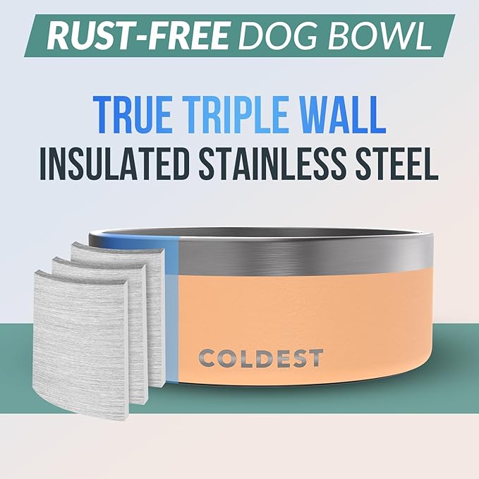 Coldest Dog Bowl - Anti Rust Metal, Non Slip, 3 Layers Insulated Stainless Steel Dog Bowls - Spill Proof & Heavy Duty - Water Bowl for Dogs, Cats & Pets, Dish Washer Safe (64 oz, Sahara Peach)-PawvioPets