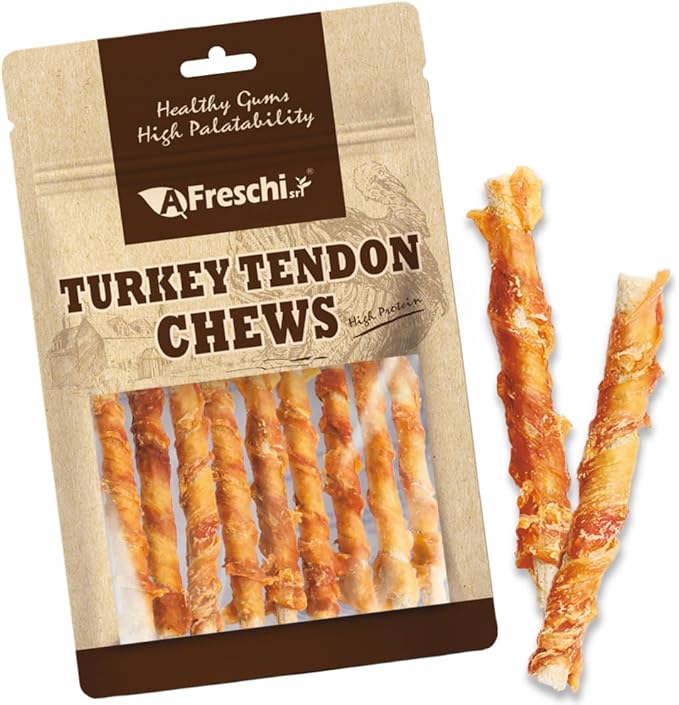 Afreschi Wrapped Turkey Tendon with Brown Rice Stick 3.5 oz, USA-Sourced Turkey Tendon, Dog Treats for Wrapped Series, All Natural Human Grade Dog Treat, Hypoallergenic, Rawhide Alternative-PawvioPets