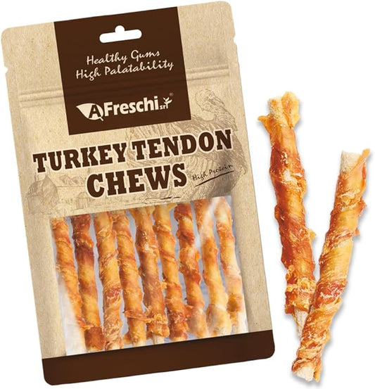 Afreschi Wrapped Turkey Tendon with Brown Rice Stick 3.5 oz, USA-Sourced Turkey Tendon, Dog Treats for Wrapped Series, All Natural Human Grade Dog Treat, Hypoallergenic, Rawhide Alternative-PawvioPets