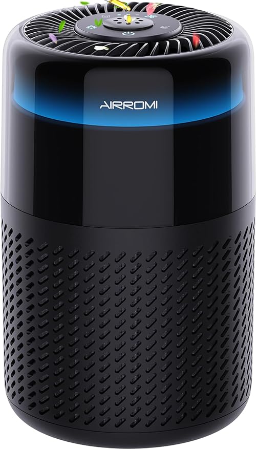 AIRROMI Air Purifier for Bedroom Home,HEPA Filter,Covers Upto 549 Ft²,Quiet 360°intake Air Cleaner with Fragrance ponge for Better Sleep,Night Light,Filters Smoke,Pet Dander,Allergies,Dust,A2005 Black-PawvioPets