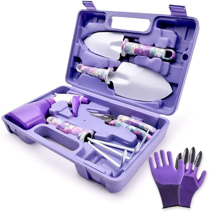 6 Pieces Garden Tools Set Planting Tools, Non-Slip Handle with Anti-Rust Trowel, Cultivator, Pruning Shear, Water Sprayer and Carrying Case, Gloves with Claws-PawvioPets