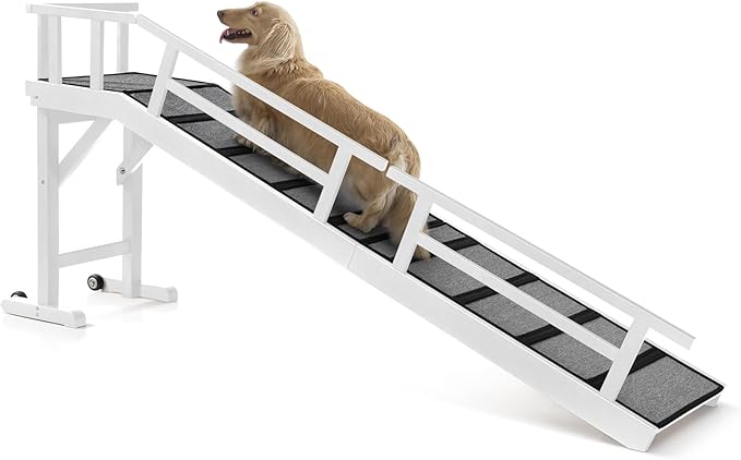 Dog Ramp for Bed or Couch, Wooden Pet Ramp with 20° Gentle Slope, Removable Side Rails, Non-Slip Surface, Top Platform & Wheels, Safe Bed Ramp for Small, Medium & Senior Dogs, 74" Long, White-PawvioPets