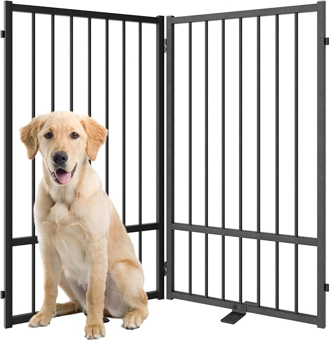 Full Metal Freestanding Dog Gate with Door, 36''Height Foldable Pet Dog Fence for Indoor & Outdoor, 2 Panels Extra Wide Free Standing TallDog Gates for Doorways,House,Stairs,Porch,Deck,Yard-PawvioPets