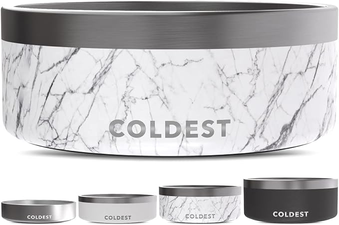Coldest Dog Bowl - Anti Rust Metal, Non Slip, 3 Layers Insulated Stainless Steel Dog Bowls - Spill Proof & Heavy Duty - Water Bowl for Dogs, Cats & Pets, Dish Washer Safe (64 oz, Carrara Marble)-PawvioPets