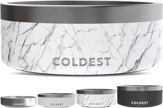 Coldest Dog Bowl - Anti Rust Metal, Non Slip, 3 Layers Insulated Stainless Steel Dog Bowls - Spill Proof & Heavy Duty - Water Bowl for Dogs, Cats & Pets, Dish Washer Safe (64 oz, Carrara Marble)-PawvioPets