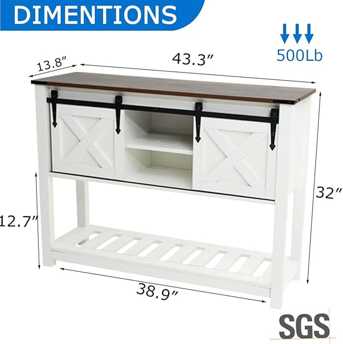 Entryway Table with Storage, Farmhouse Buffet Cabinet Coffee Bar Kitchen Island with Sliding Barn Doors & Shelves, Console Table for Kitchen, Dining Room, Living Room, White-PawvioPets