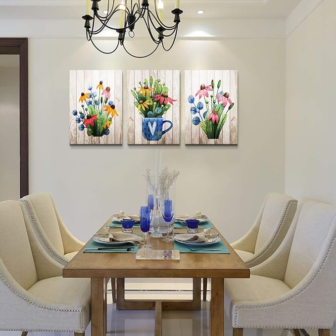 Canvas Wall Art For Kitchen Wall Decoration For Living Room Wall Decor For Bedroom Room Decor Vintage Wood Grain Plant Flowers Wall Painting Office Wall Pictures Artwork Home Decor 16" X 24" 3 Piece-PawvioPets