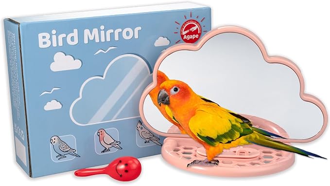 Agape Bird Mirror for Cage， Bird Toys with Perch and Slow Feeder to Expend Energy, Small Parrot Swing, Interactive Toys for Cockatiel, Lovebird, Parakeet, Conure, Finch, and Budgies-PawvioPets