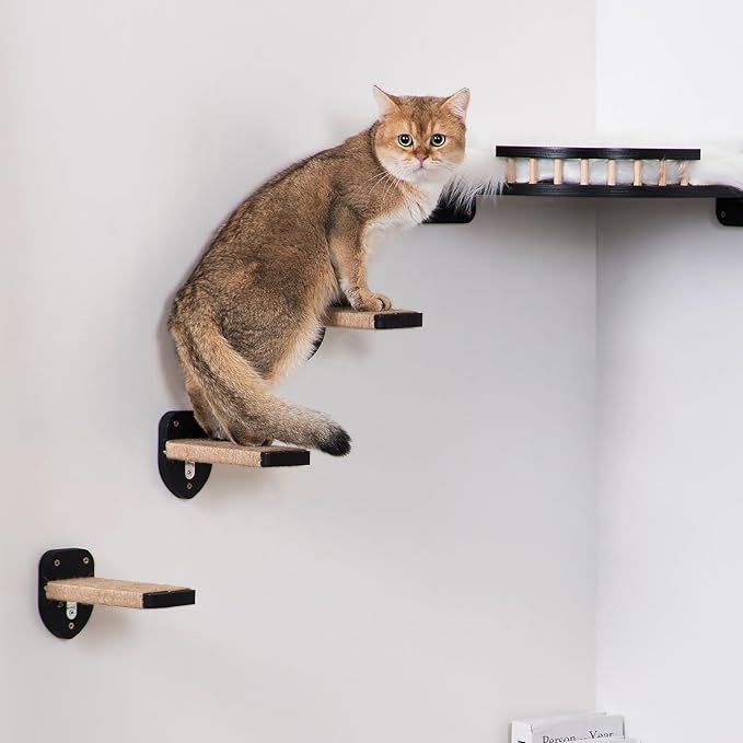 3-in-1 Cat Wall Steps - Climbing Wall Furniture & Shelves with Hemp Rope, Solid Wood Cat Ladder (Standard-Black)-PawvioPets