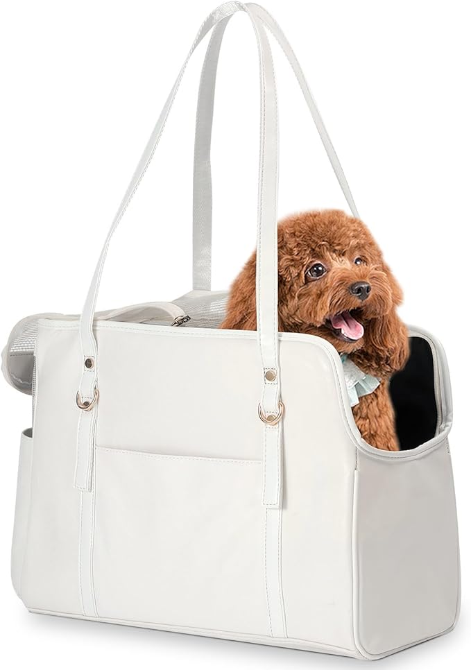 Dog Carrier Purse, Fashion Leather Pet Carrier with Pockets, Airline Approved Soft Sided Dog Carrying Bag for Puppy Cat Dog White-PawvioPets