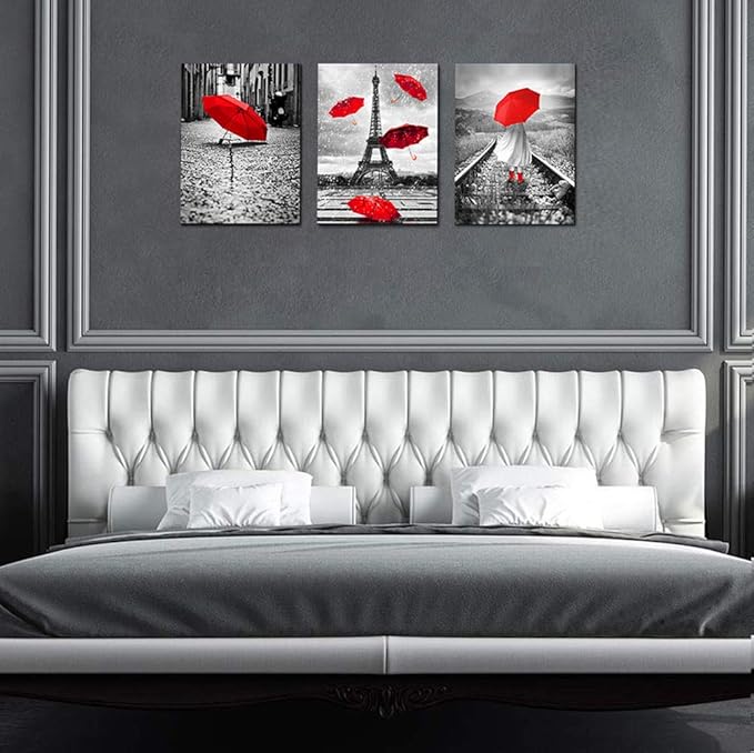 Black and white landscape Eiffel Tower 3 Piece Wall Art for Living Room Bathroom Decorations Kitchen Wall decor modern red umbrella Poster Canvas Print Office Bedroom Home Decoration wall paintings-PawvioPets