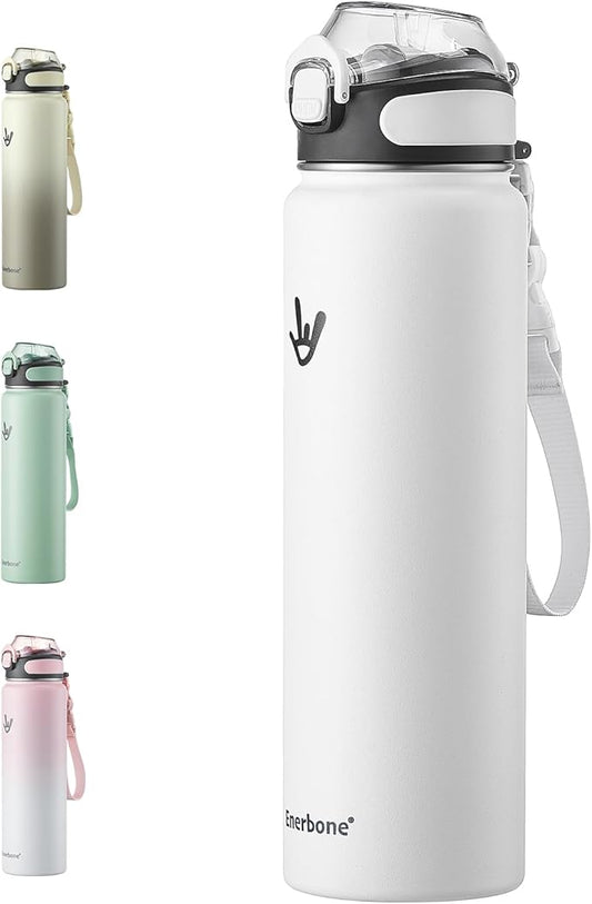 Enerbone 32 oz Insulated Water Bottle, Stainless Steel Bottle with Carrying Strap, Double-Wall Vacuum Insulation Design, Leakproof Sports Bottle with Straw, Keep Drinks Cold or Hot for Hours-PawvioPets