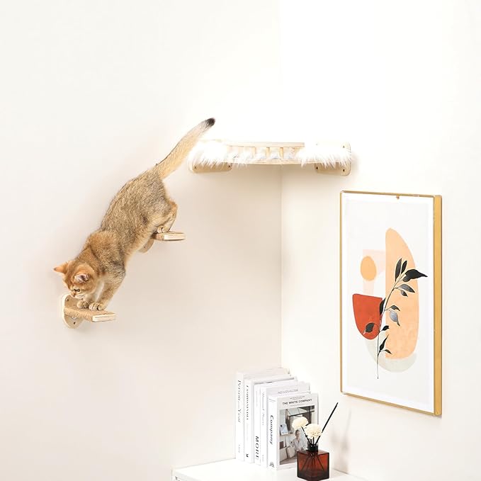 3 Pcs Cat Wall Steps, Cat Shelves and Perches for Wall, Wall-Mounted Cat Climbing Shelf with Hemp Rope Covered, Cat Wall Furniture Steps Set with Scratching Pads for Cats Playing and Climbing (Wood)-PawvioPets