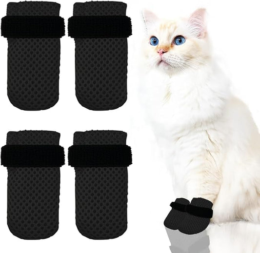 4 PCS Cat Mittens to Prevent Scratching,Mesh Breathable Cat Shoes,Adjustable Cats Anti Scratch Gloves,Suitable for Cats When Bathing and Nail Trimming(XL,Black)-PawvioPets