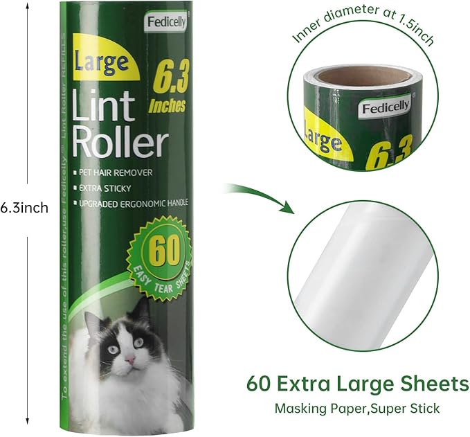 Fedicelly Large Lint Rollers Pet Hair Extra Sticky Refills,Mega Value Set 6.3 inches Wider with 320 Sheets for Cat and Dog Hair Removal,80 Sheets Per Roller (Pack of 4)-PawvioPets