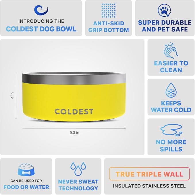 Coldest Dog Bowl - Anti Rust Metal, Non Slip, 3 Layers Insulated Stainless Steel Dog Bowls - Spill Proof & Heavy Duty - Water Bowl for Dogs, Cats & Pets, Dish Washer Safe (100 oz, Solar Yellow)-PawvioPets