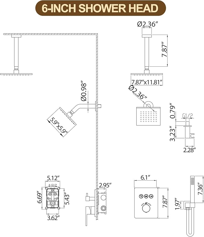 12 Inch Rain Shower System, Brushed Gold Shower Faucet Set with Push Button Diverter, 6 Inch Wall Mounted 3-Functions Bathroom Shower Systems with Dual-Function Handheld (Thermostatic, Gold Brushed)-PawvioPets