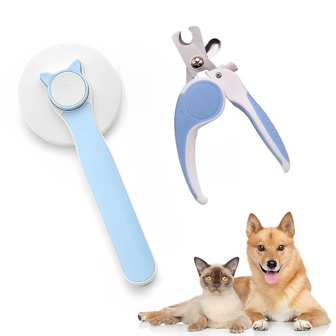2PCS Pet Grooming Kit, Cat Brushes & Cat Nail Clipper, Cat Grooming Brush for Sedding and Grooming Fur（Blue）-PawvioPets