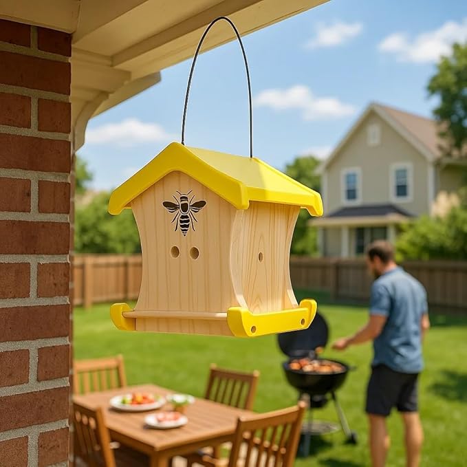 Carpenter Bee House for Outside, Wood Beetrap for Outdoors Insect House Hotel for Garden Stainless Cable Bee Box Without Bottle 2025 New Heavy Duty-PawvioPets